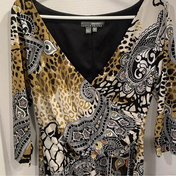 Muse For Boston Proper Dress Sz 12 Leopard Geometric Mix Print Faux Wrap 3/4 Sl - Picture 5 of 12